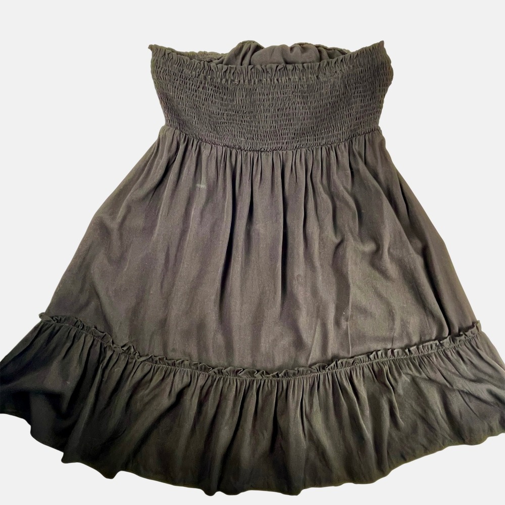BellanBlue Black Strapless Tie Front Mini Dress Ruffle Smocked Boho Sun Dress L - Picture 3 of 7
